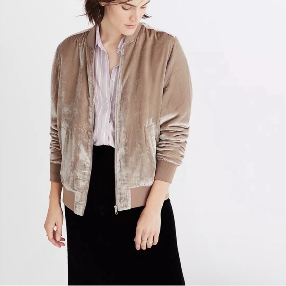 MadeWell Neutral Minimalist Velvet Silk Blend Bomber Casual Chic Jacket